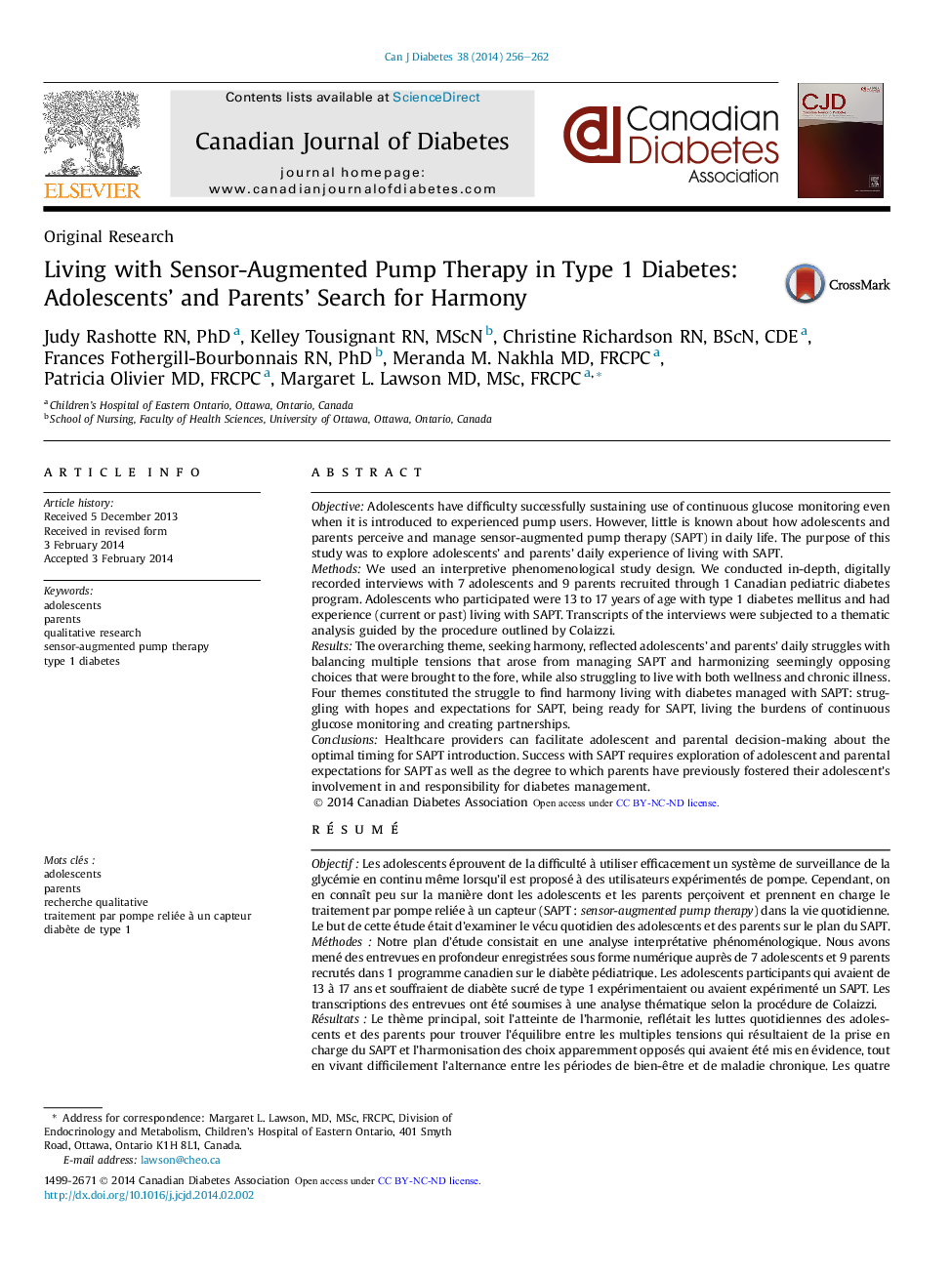 Original ResearchLiving with Sensor-Augmented Pump Therapy in Type 1 Diabetes: Adolescents' and Parents' Search for Harmony