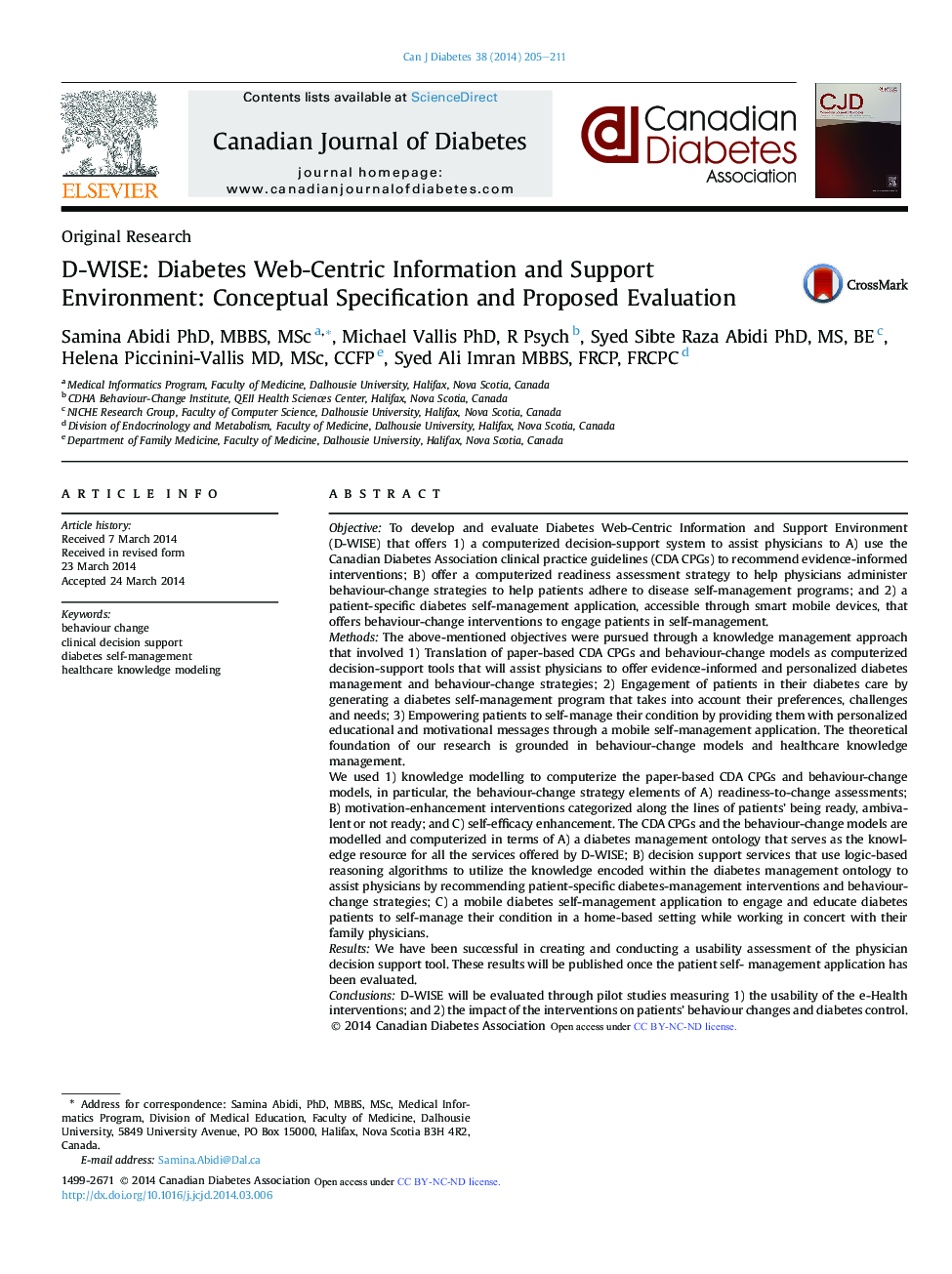 Original ResearchD-WISE: Diabetes Web-Centric Information and Support Environment: Conceptual Specification and Proposed Evaluation