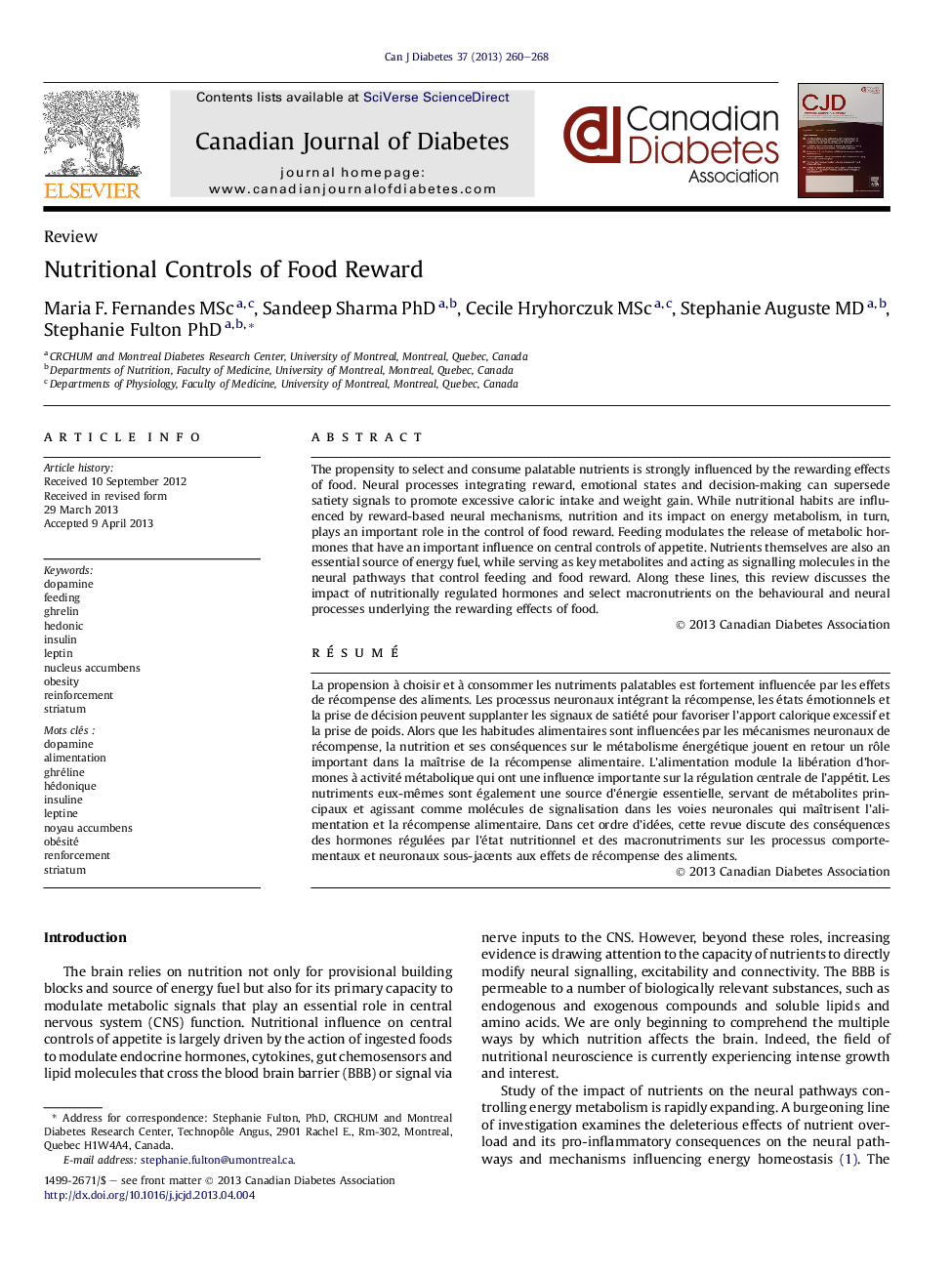 ReviewNutritional Controls of Food Reward