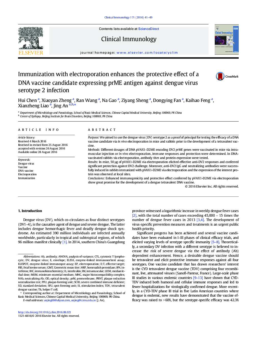 Immunization with electroporation enhances the protective effect of a DNA vaccine candidate expressing prME antigen against dengue virus serotype 2 infection