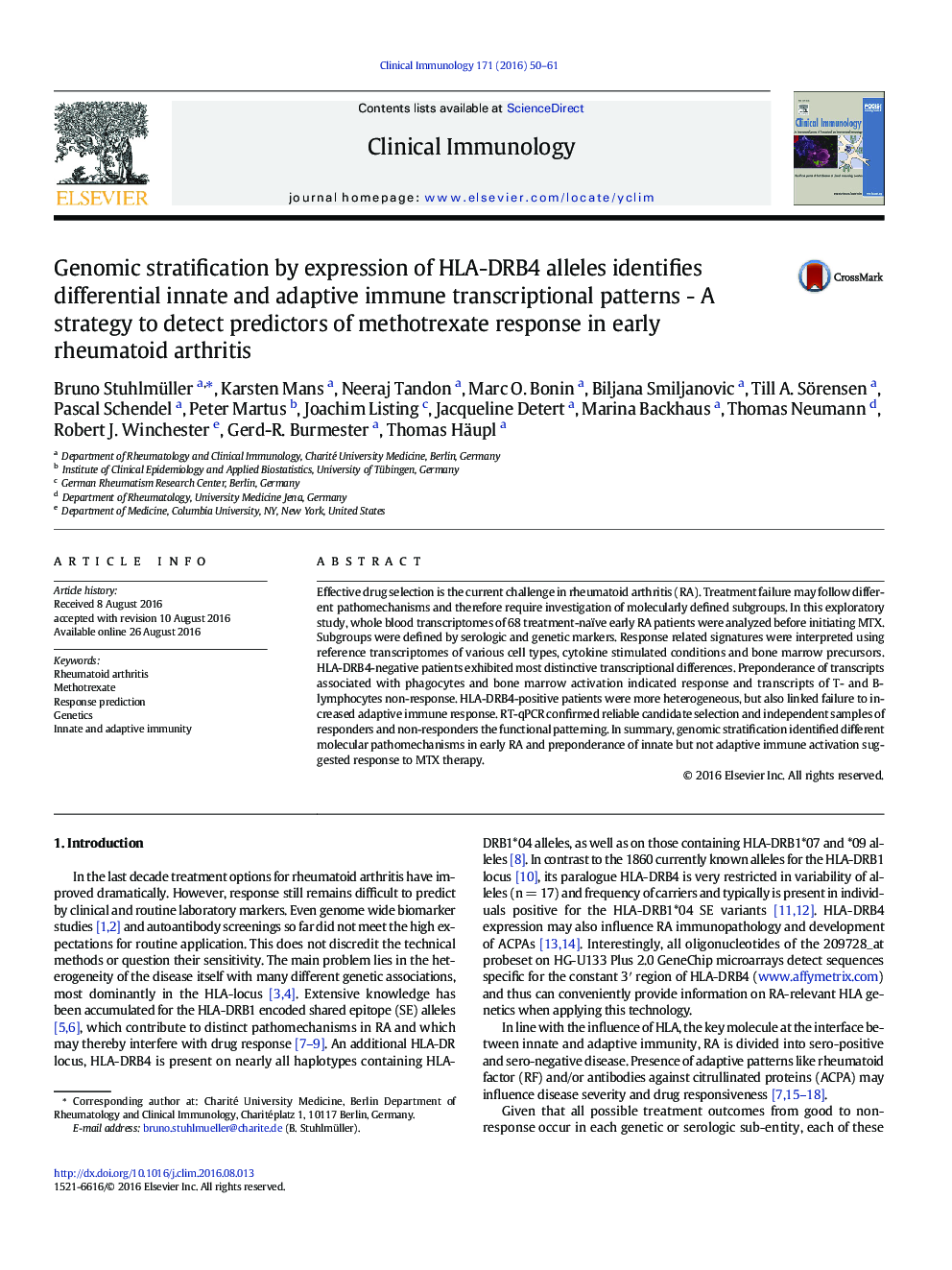 Genomic stratification by expression of HLA-DRB4 alleles identifies differential innate and adaptive immune transcriptional patterns - A strategy to detect predictors of methotrexate response in early rheumatoid arthritis