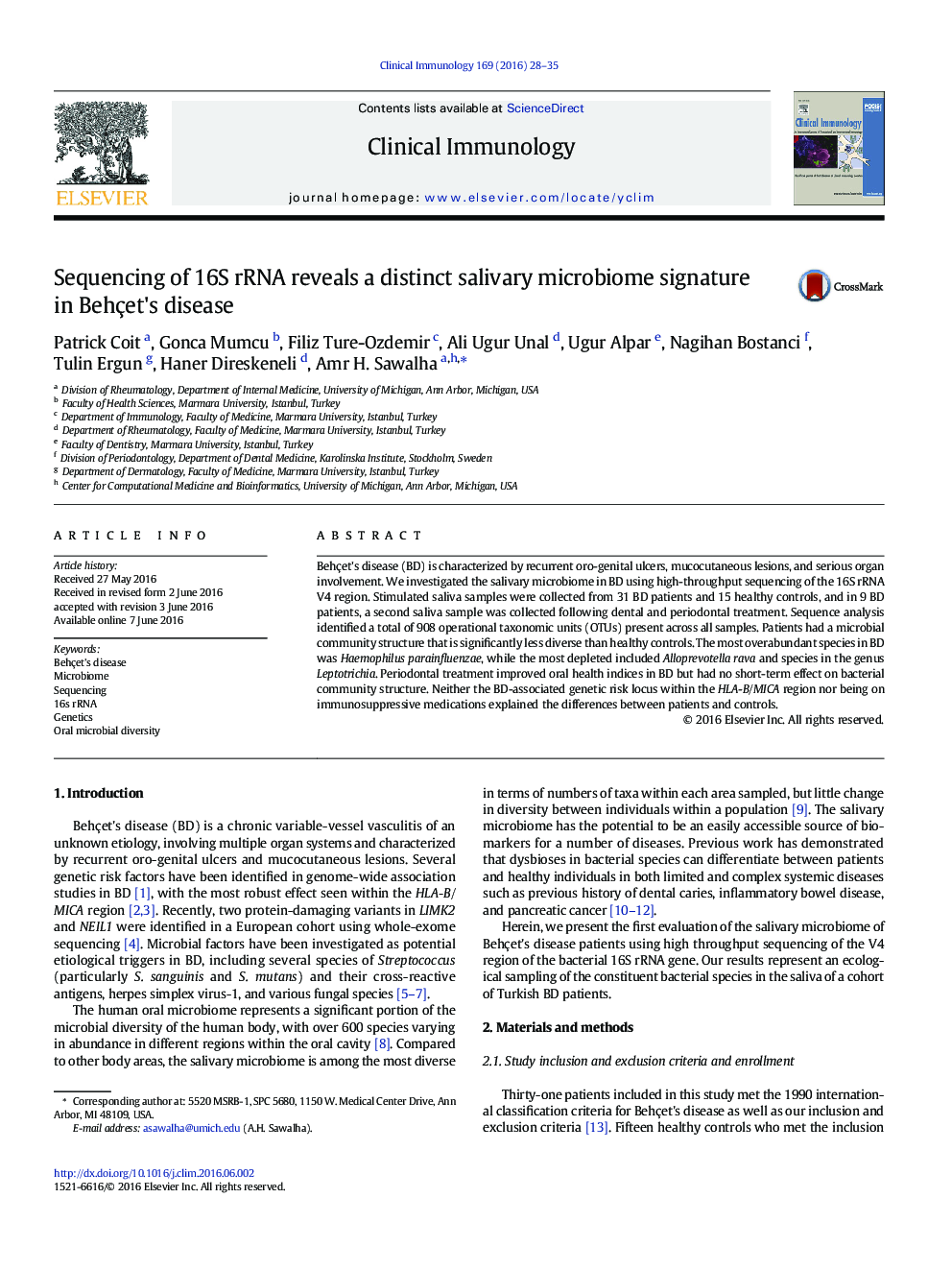 Sequencing of 16S rRNA reveals a distinct salivary microbiome signature in Behçet's disease