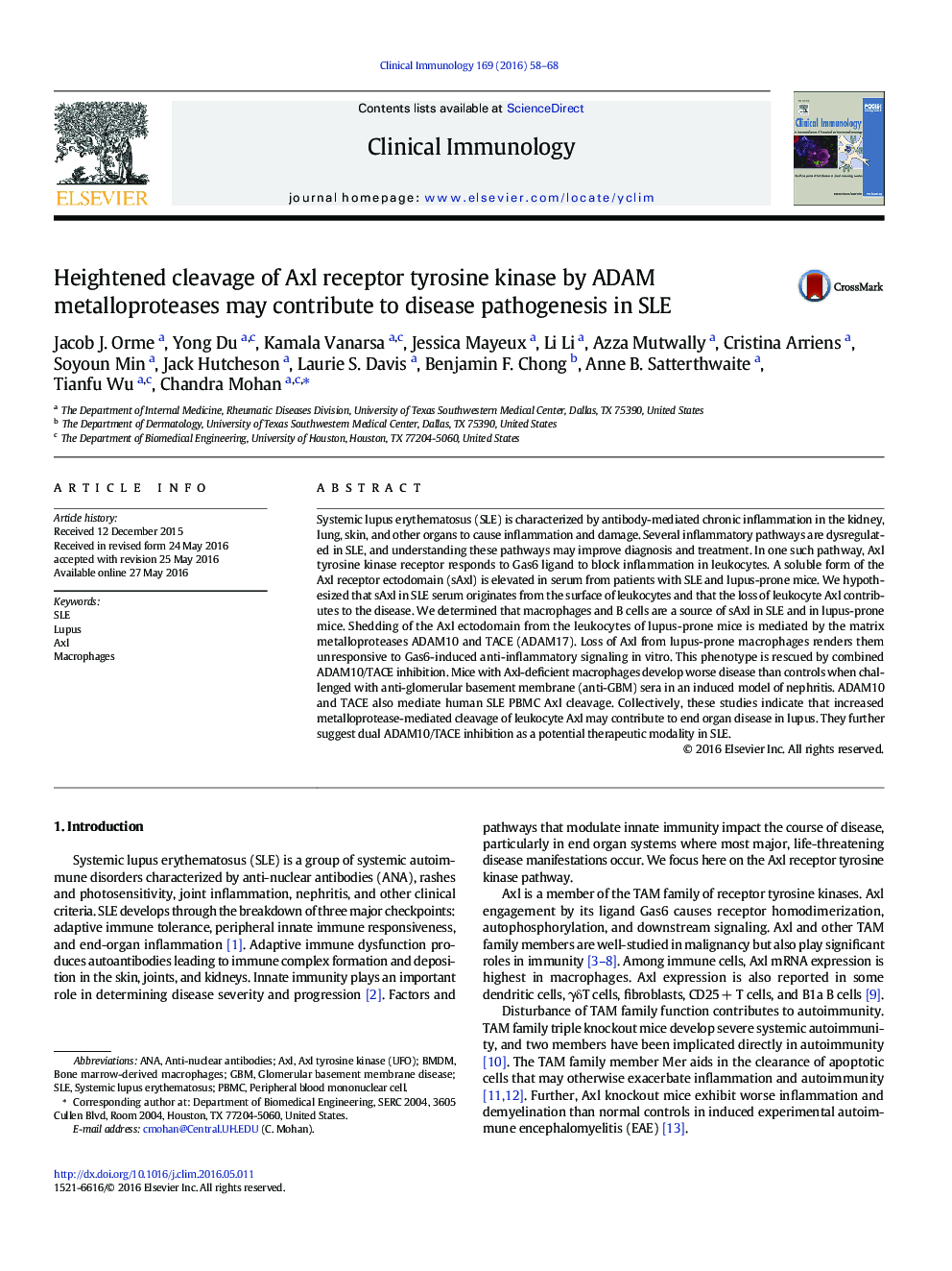 Heightened cleavage of Axl receptor tyrosine kinase by ADAM metalloproteases may contribute to disease pathogenesis in SLE