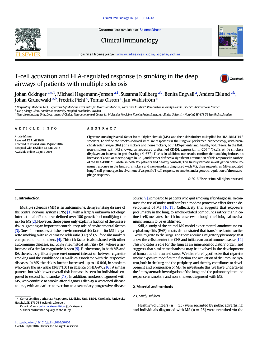 عکس صفحه اول مقاله: T-cell activation and HLA-regulated response to smoking in the deep airways of patients with multiple sclerosis T-cell activation and HLA-regulated response to smoking in the deep airways of patients with multiple sclerosis