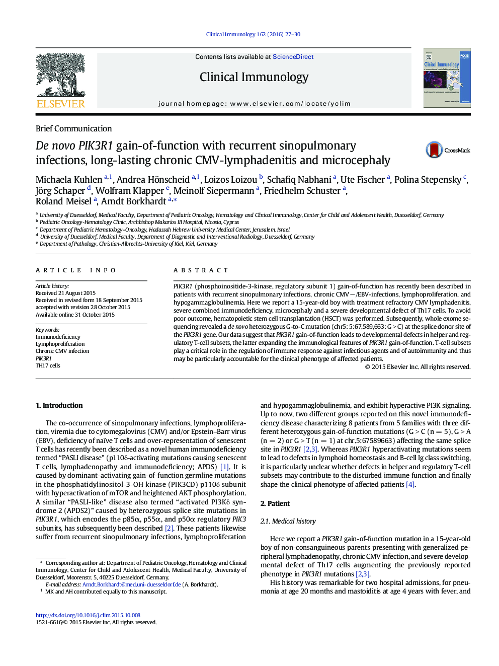 Brief CommunicationDe novo PIK3R1 gain-of-function with recurrent sinopulmonary infections, long-lasting chronic CMV-lymphadenitis and microcephaly