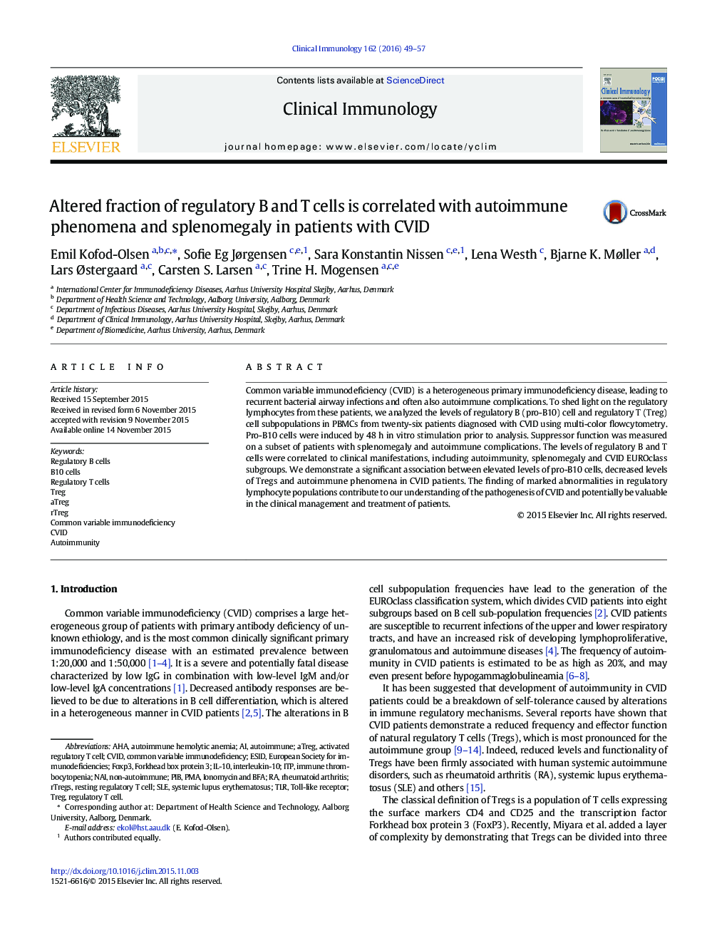 Altered fraction of regulatory B and T cells is correlated with autoimmune phenomena and splenomegaly in patients with CVID