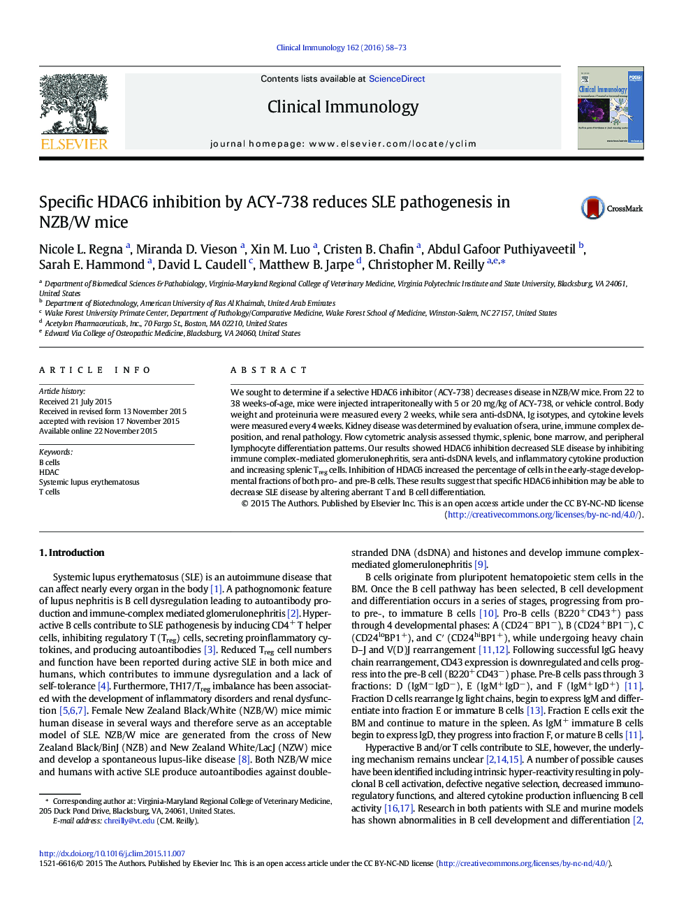 Specific HDAC6 inhibition by ACY-738 reduces SLE pathogenesis in NZB/W mice