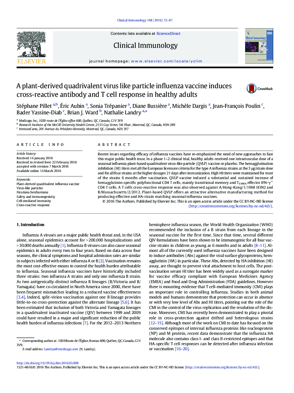 A plant-derived quadrivalent virus like particle influenza vaccine induces cross-reactive antibody and T cell response in healthy adults