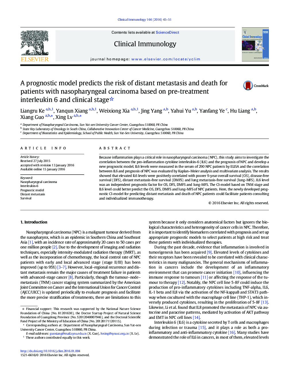 A prognostic model predicts the risk of distant metastasis and death for patients with nasopharyngeal carcinoma based on pre-treatment interleukin 6 and clinical stage