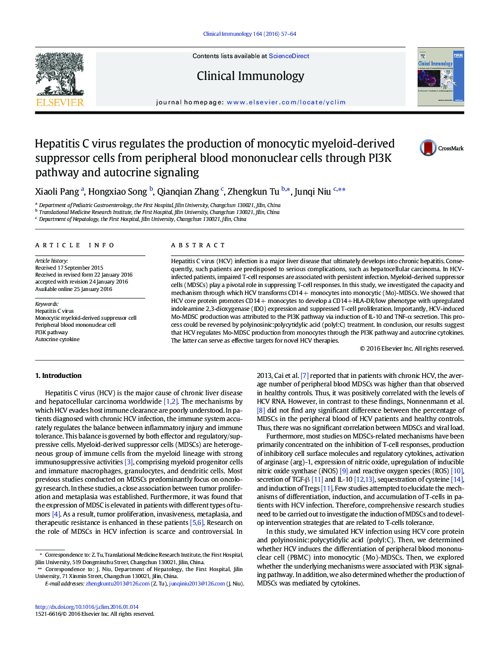 Hepatitis C virus regulates the production of monocytic myeloid-derived suppressor cells from peripheral blood mononuclear cells through PI3K pathway and autocrine signaling