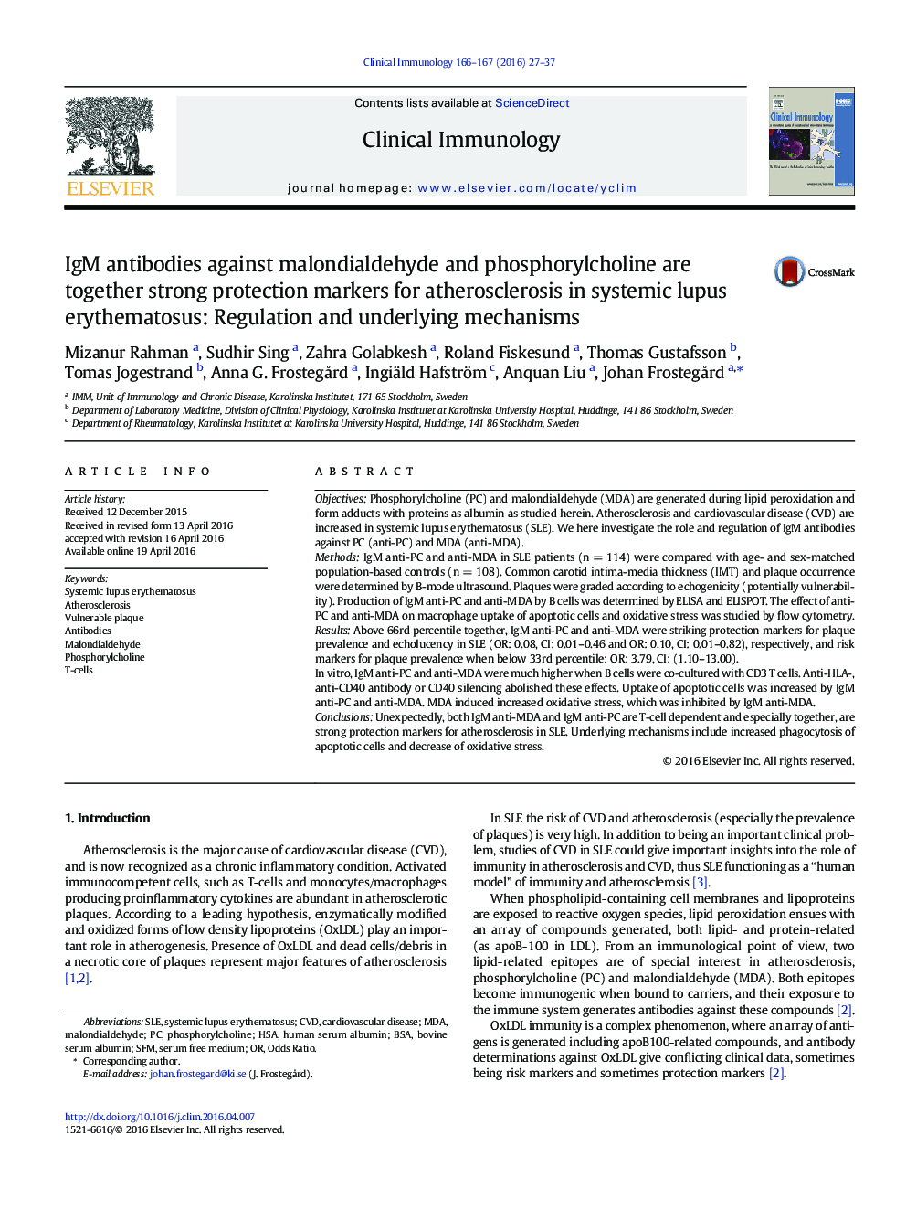 IgM antibodies against malondialdehyde and phosphorylcholine are together strong protection markers for atherosclerosis in systemic lupus erythematosus: Regulation and underlying mechanisms