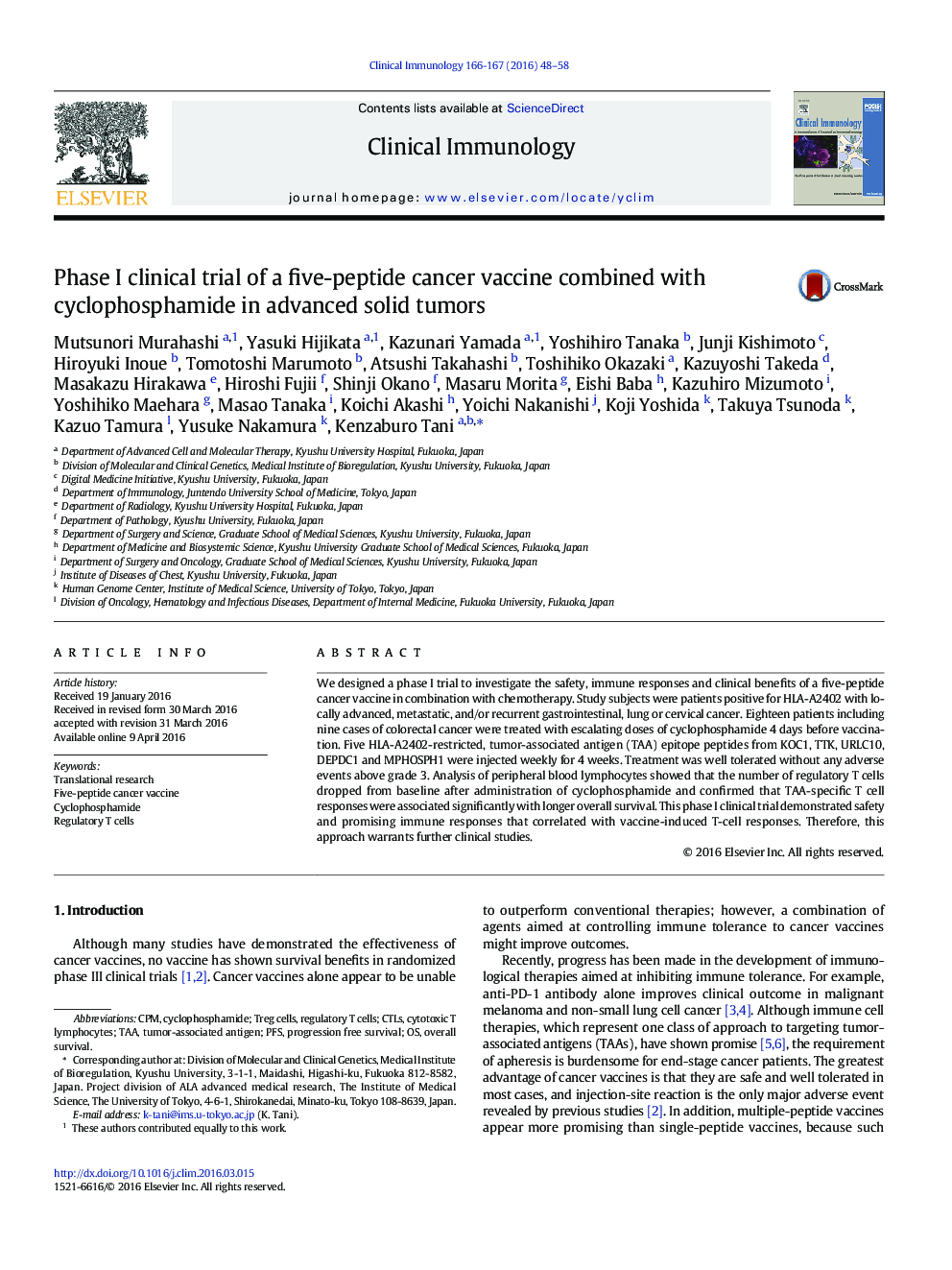 Phase I clinical trial of a five-peptide cancer vaccine combined with cyclophosphamide in advanced solid tumors