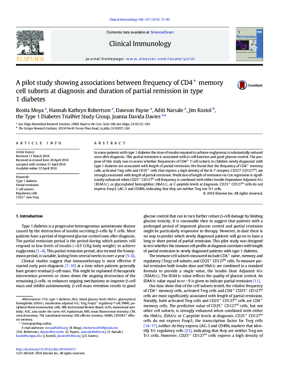 A pilot study showing associations between frequency of CD4+ memory cell subsets at diagnosis and duration of partial remission in type 1 diabetes