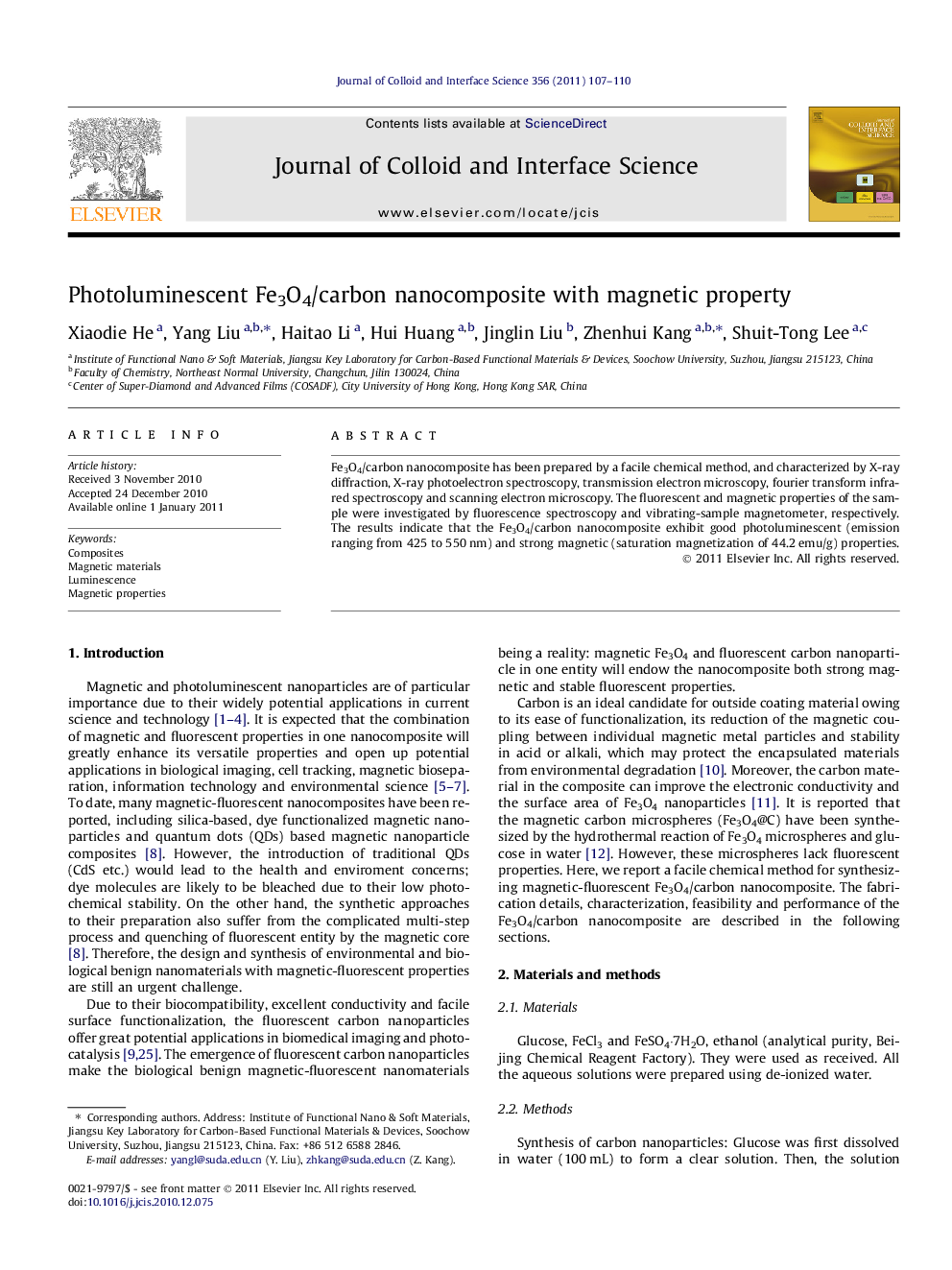 عکس صفحه اول مقاله: Photoluminescent Fe3O4/carbon nanocomposite with magnetic property Photoluminescent Fe3O4/carbon nanocomposite with magnetic property