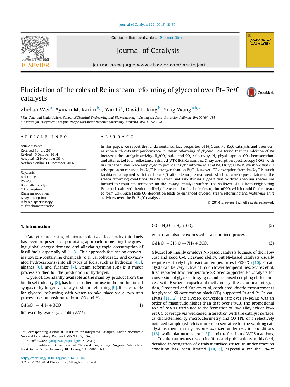 Elucidation of the roles of Re in steam reforming of glycerol over Pt–Re/C catalysts