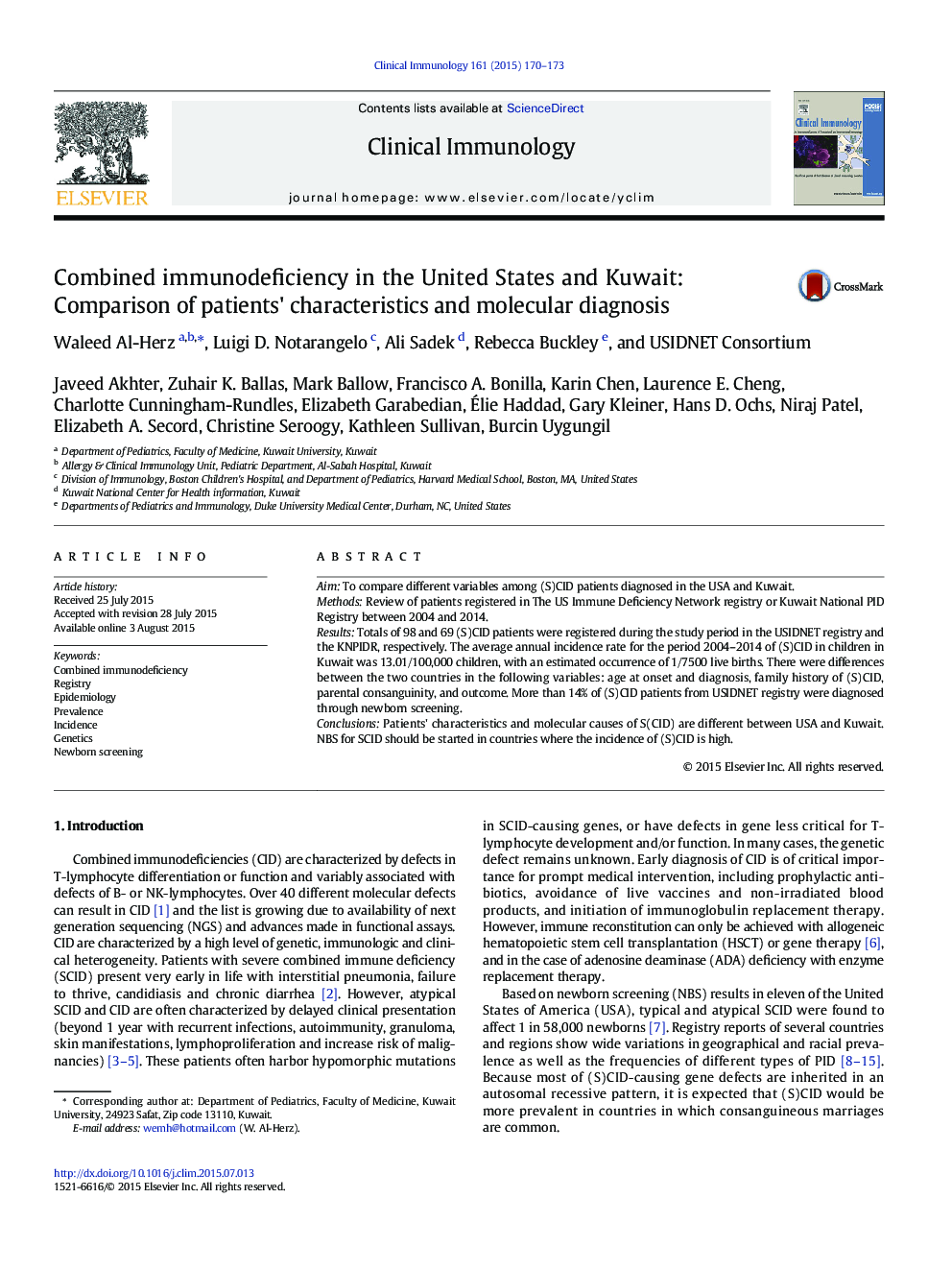 Combined immunodeficiency in the United States and Kuwait: Comparison of patients' characteristics and molecular diagnosis