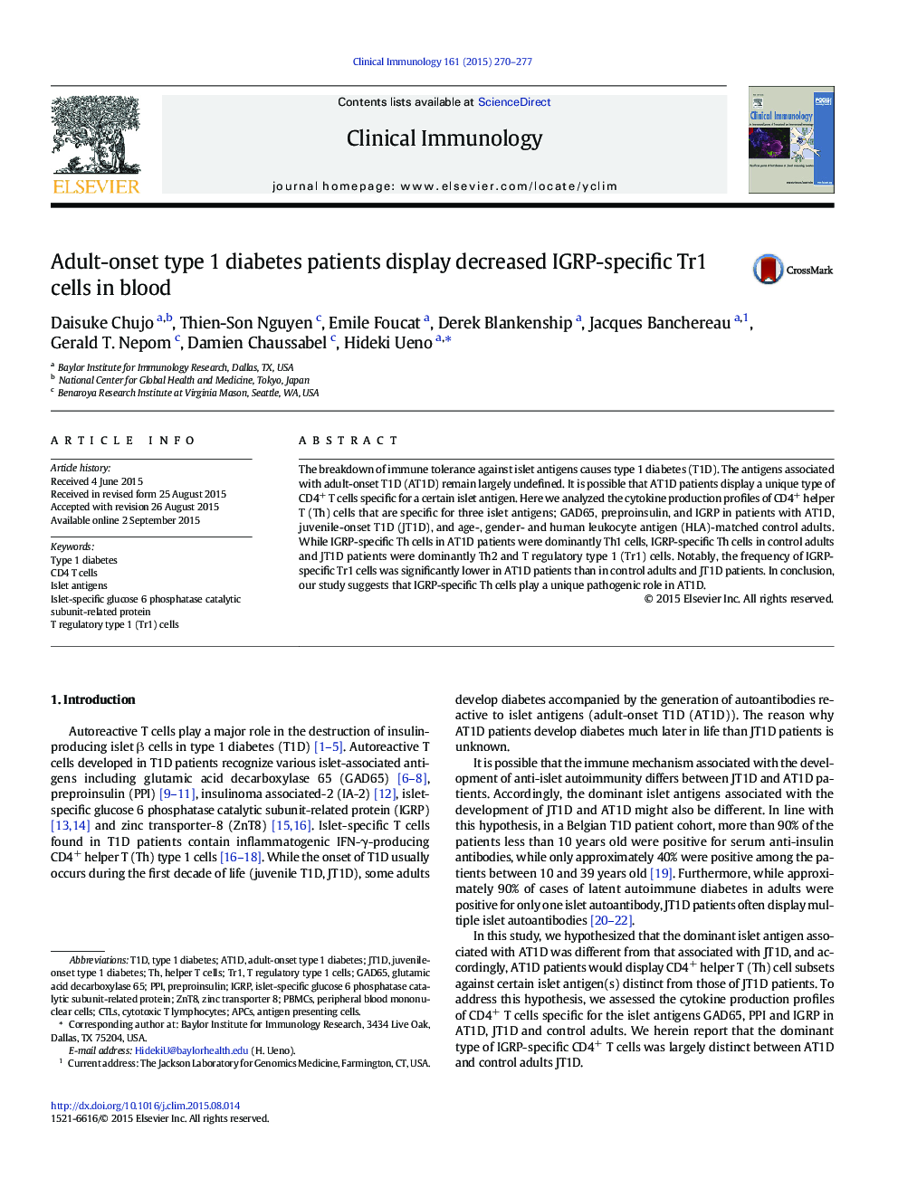 Adult-onset type 1 diabetes patients display decreased IGRP-specific Tr1 cells in blood