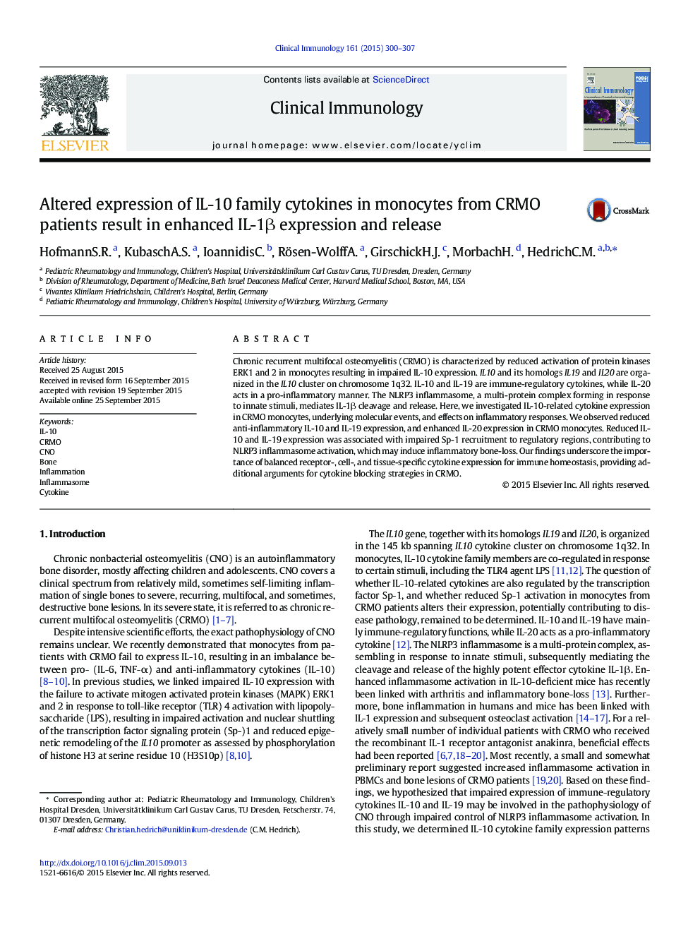 Altered expression of IL-10 family cytokines in monocytes from CRMO patients result in enhanced IL-1Î² expression and release