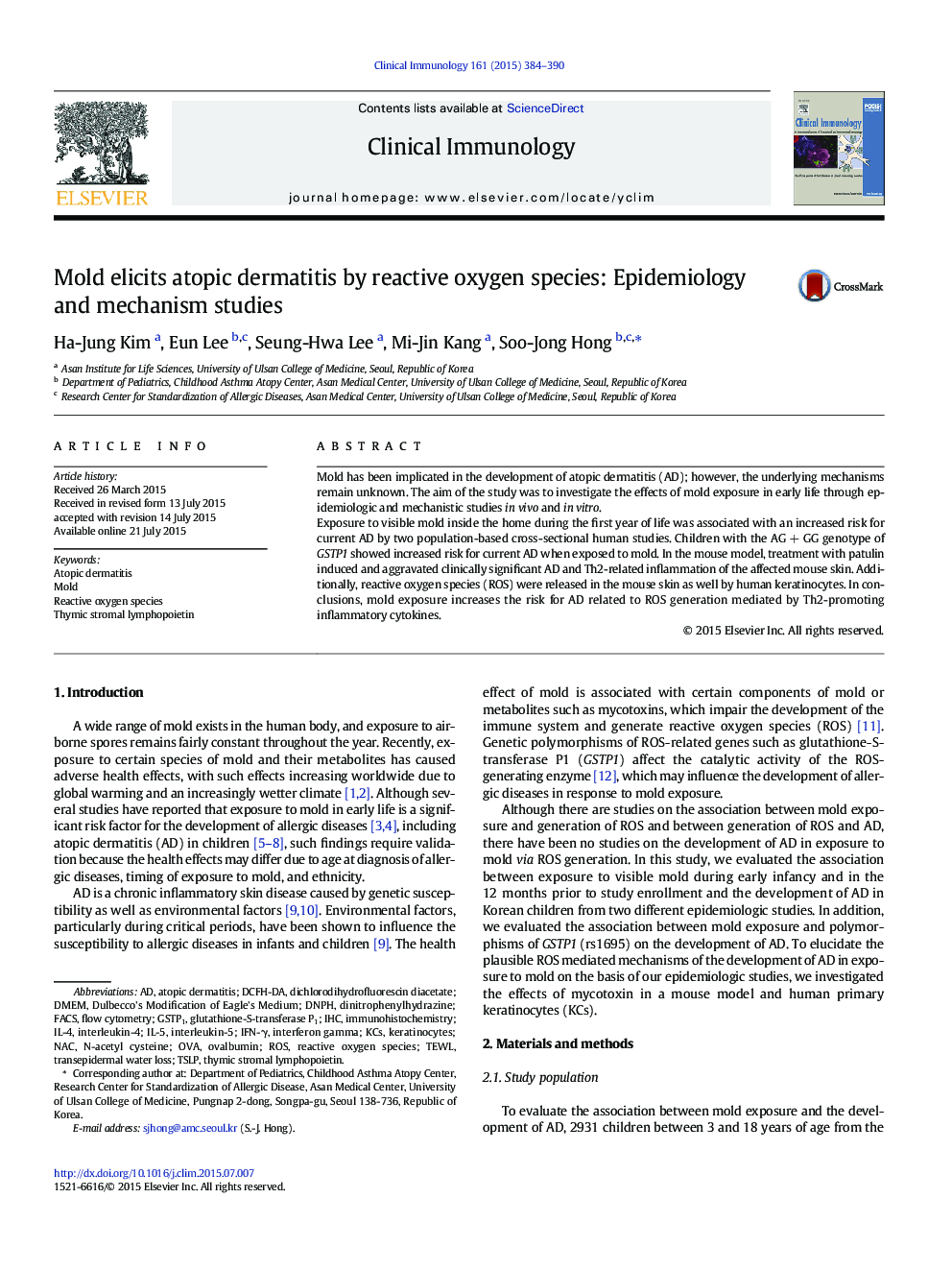 Mold elicits atopic dermatitis by reactive oxygen species: Epidemiology and mechanism studies