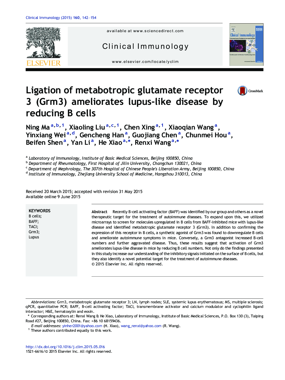 Ligation of metabotropic glutamate receptor 3 (Grm3) ameliorates lupus-like disease by reducing B cells