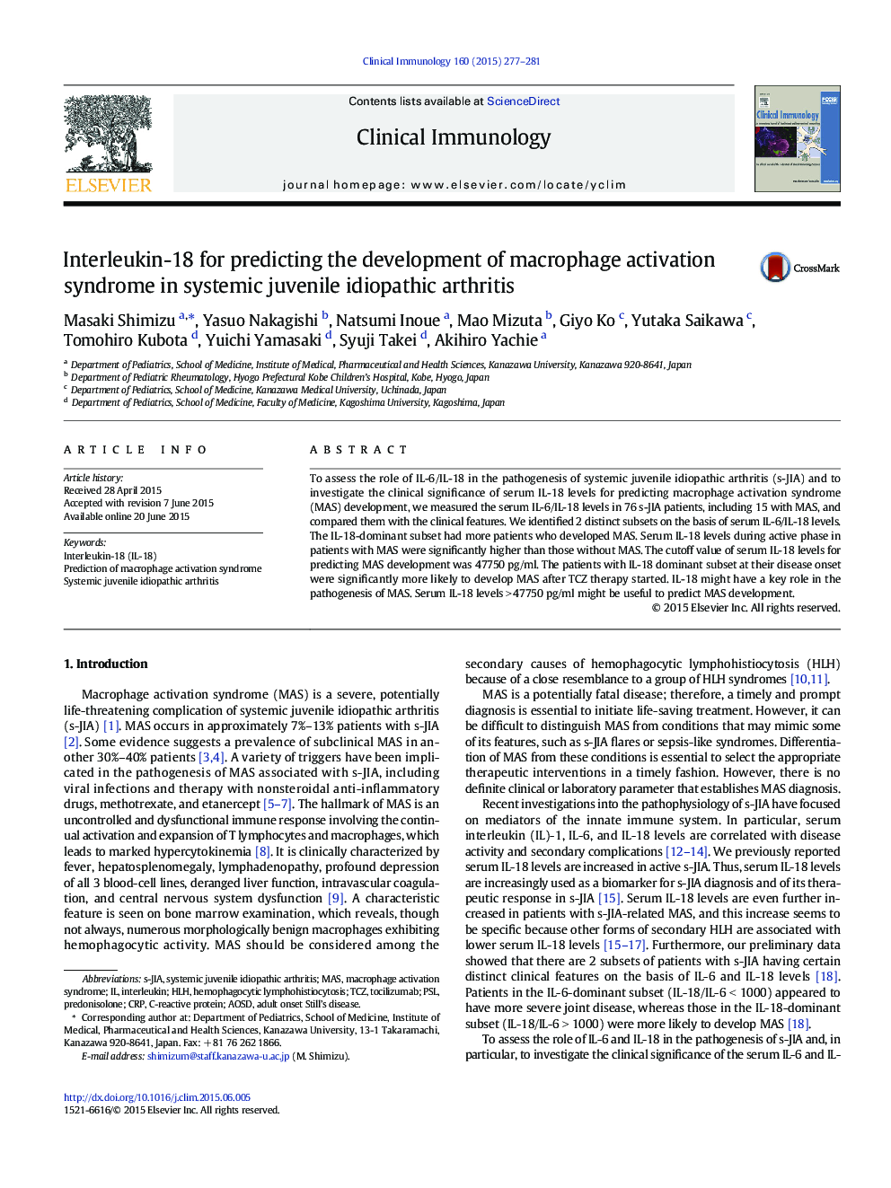 Interleukin-18 for predicting the development of macrophage activation syndrome in systemic juvenile idiopathic arthritis