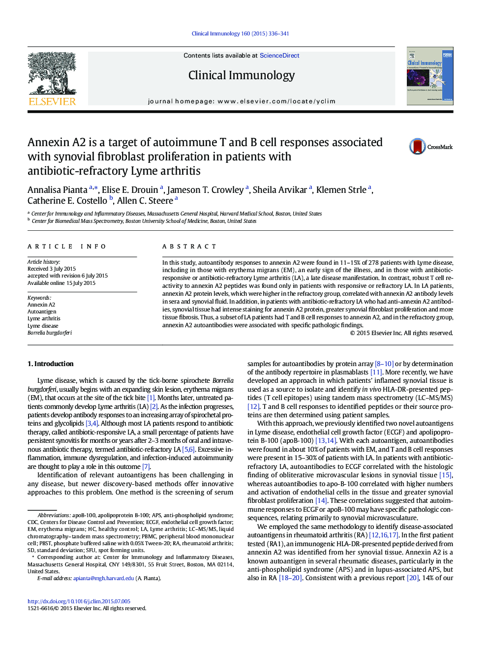 Annexin A2 is a target of autoimmune T and B cell responses associated with synovial fibroblast proliferation in patients with antibiotic-refractory Lyme arthritis