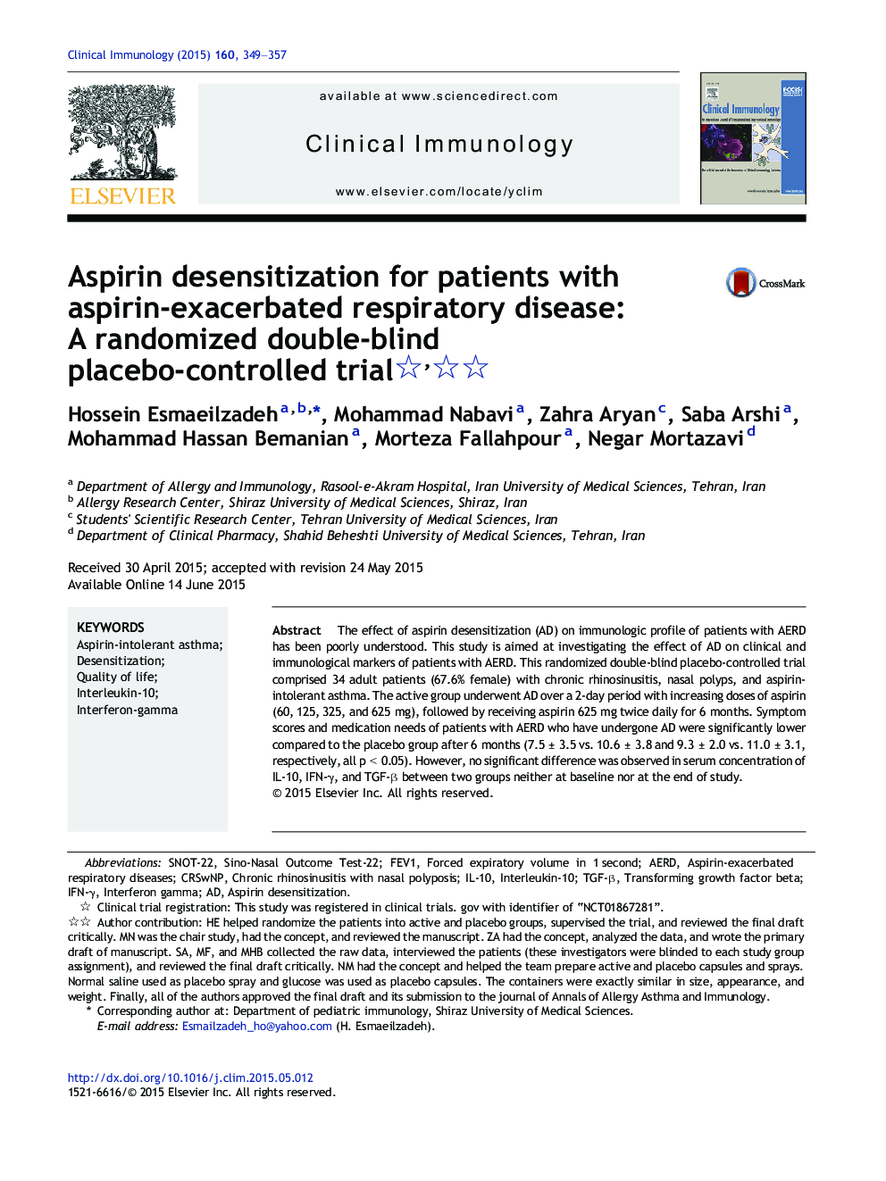 Aspirin desensitization for patients with aspirin-exacerbated respiratory disease: A randomized double-blind placebo-controlled trial