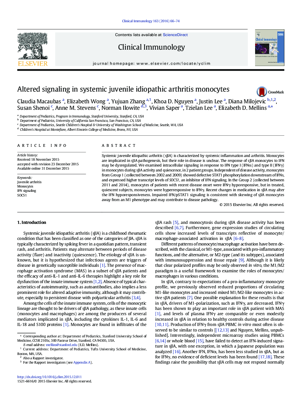 Altered signaling in systemic juvenile idiopathic arthritis monocytes