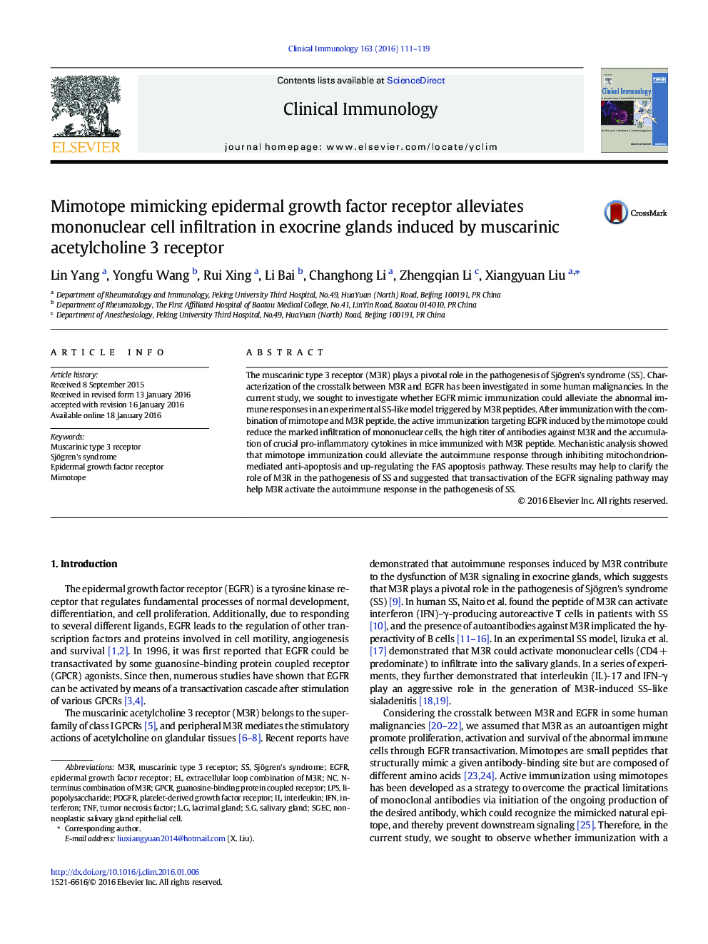 عکس صفحه اول مقاله: Mimotope mimicking epidermal growth factor receptor alleviates mononuclear cell infiltration in exocrine glands induced by muscarinic acetylcholine 3 receptor Mimotope mimicking epidermal growth factor receptor alleviates mononuclear cell infiltration in exocrine glands induced by muscarinic acetylcholine 3 receptor
