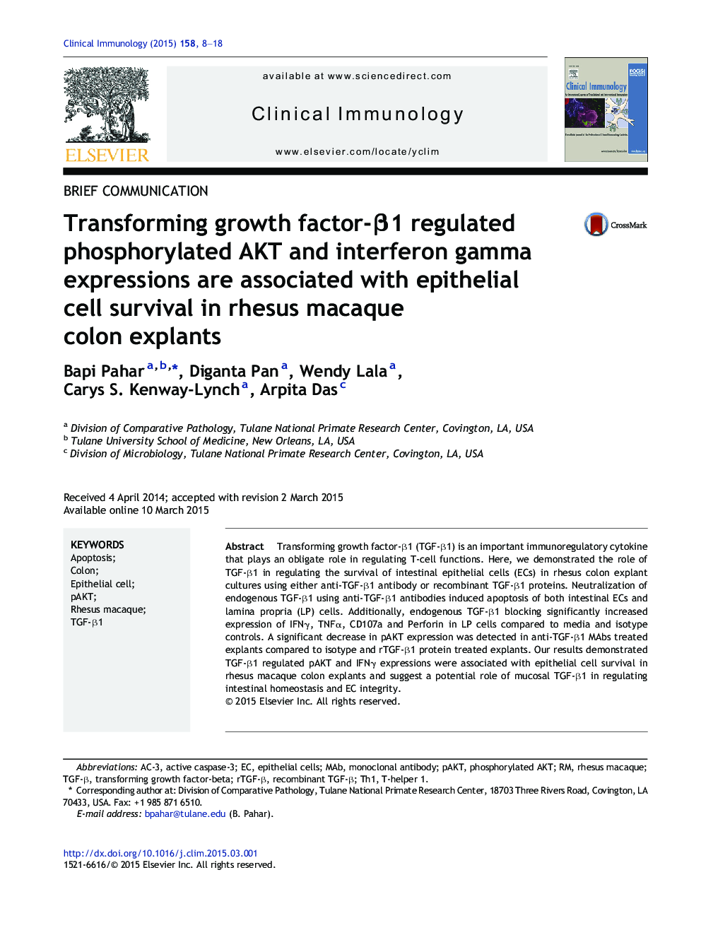 BRIEF COMMUNICATIONTransforming growth factor-Î²1 regulated phosphorylated AKT and interferon gamma expressions are associated with epithelial cell survival in rhesus macaque colon explants