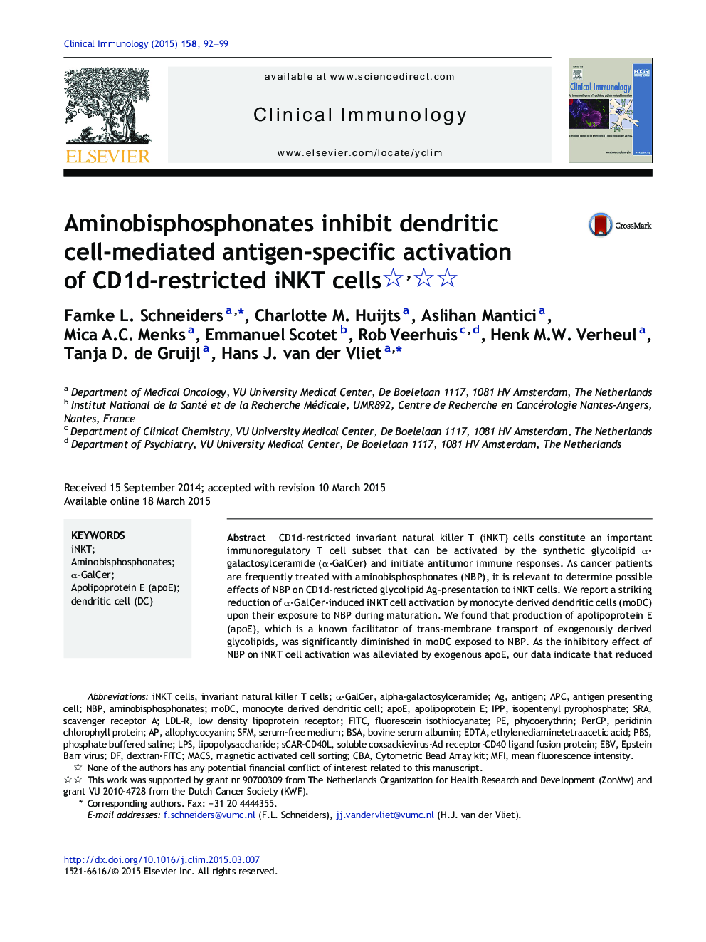 Aminobisphosphonates inhibit dendritic cell-mediated antigen-specific activation of CD1d-restricted iNKT cells