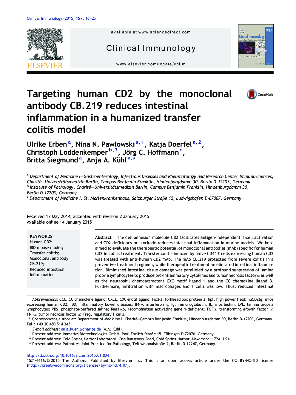 Targeting human CD2 by the monoclonal antibody CB.219 reduces intestinal inflammation in a humanized transfer colitis model