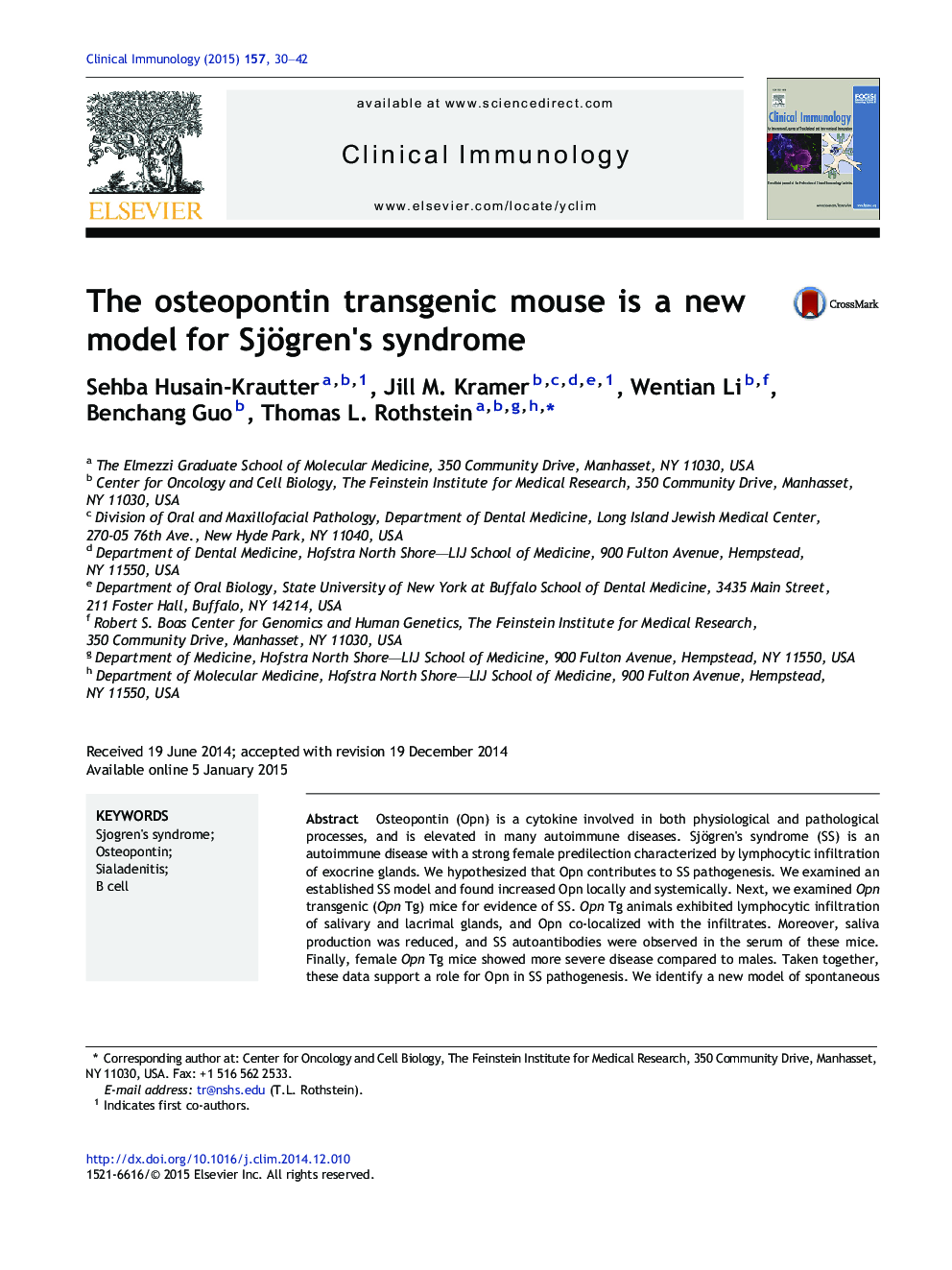 The osteopontin transgenic mouse is a new model for Sjögren's syndrome