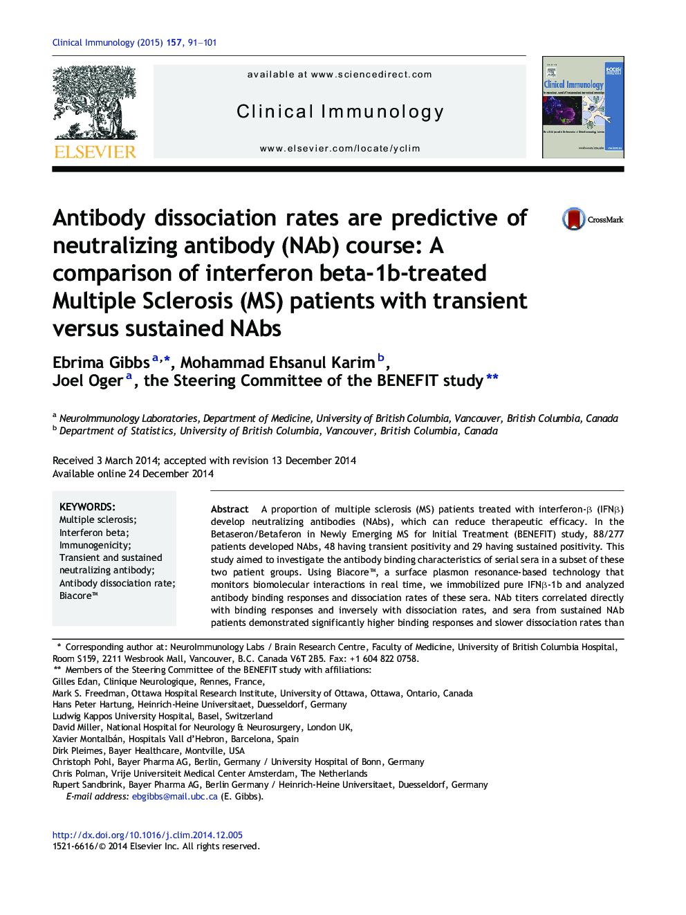 Antibody dissociation rates are predictive of neutralizing antibody (NAb) course: A comparison of interferon beta-1b-treated Multiple Sclerosis (MS) patients with transient versus sustained NAbs