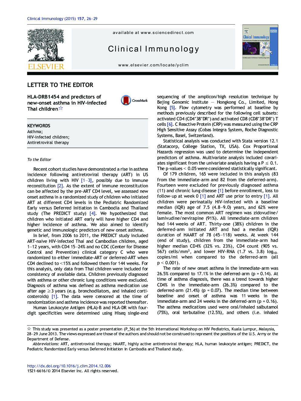 HLA-DRB1454 and predictors of new-onset asthma in HIV-infected Thai children