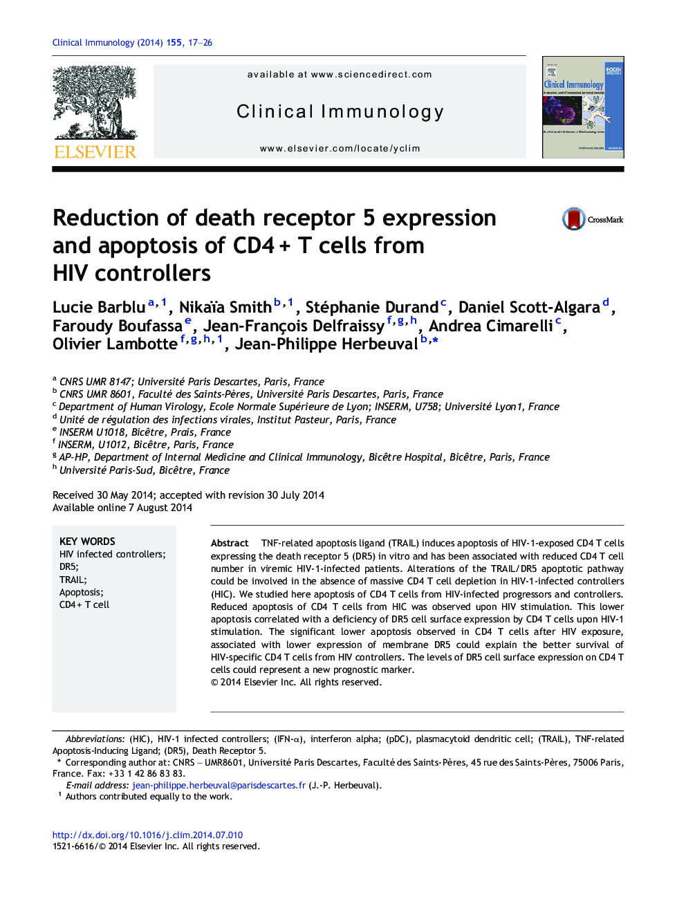 Reduction of death receptor 5 expression and apoptosis of CD4Â + T cells from HIV controllers