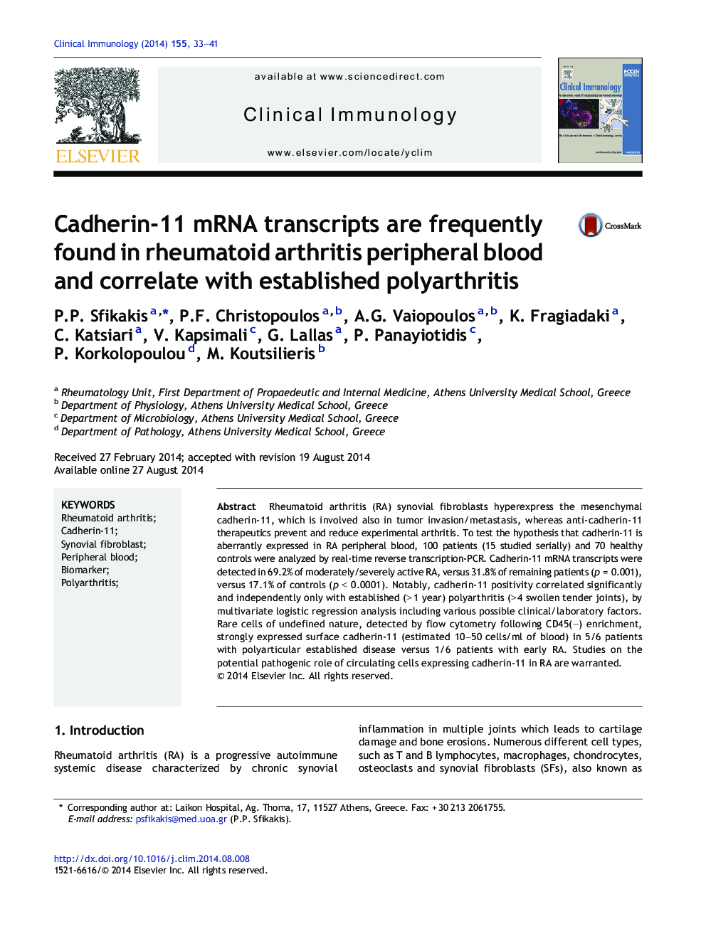 Cadherin-11 mRNA transcripts are frequently found in rheumatoid arthritis peripheral blood and correlate with established polyarthritis