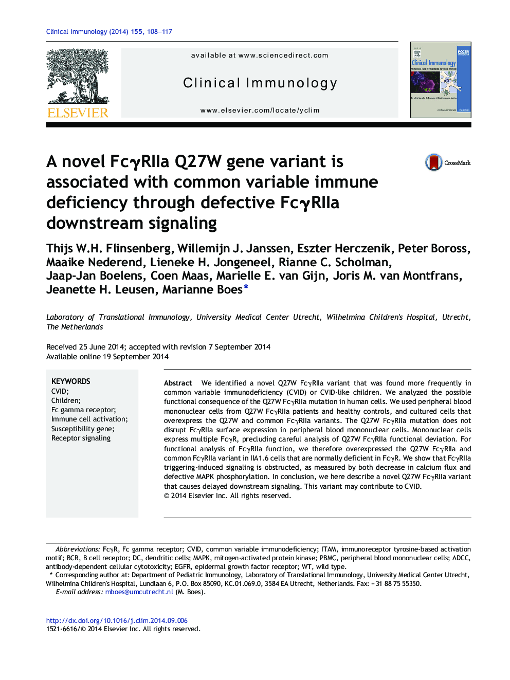 A novel FcÎ³RIIa Q27W gene variant is associated with common variable immune deficiency through defective FcÎ³RIIa downstream signaling