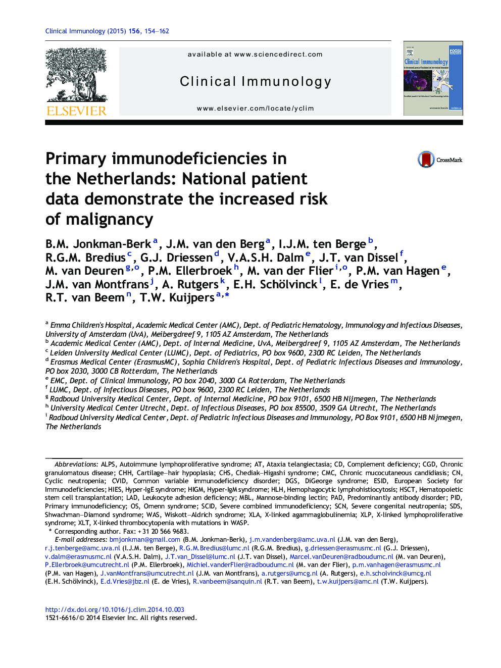 Primary immunodeficiencies in the Netherlands: National patient data demonstrate the increased risk of malignancy