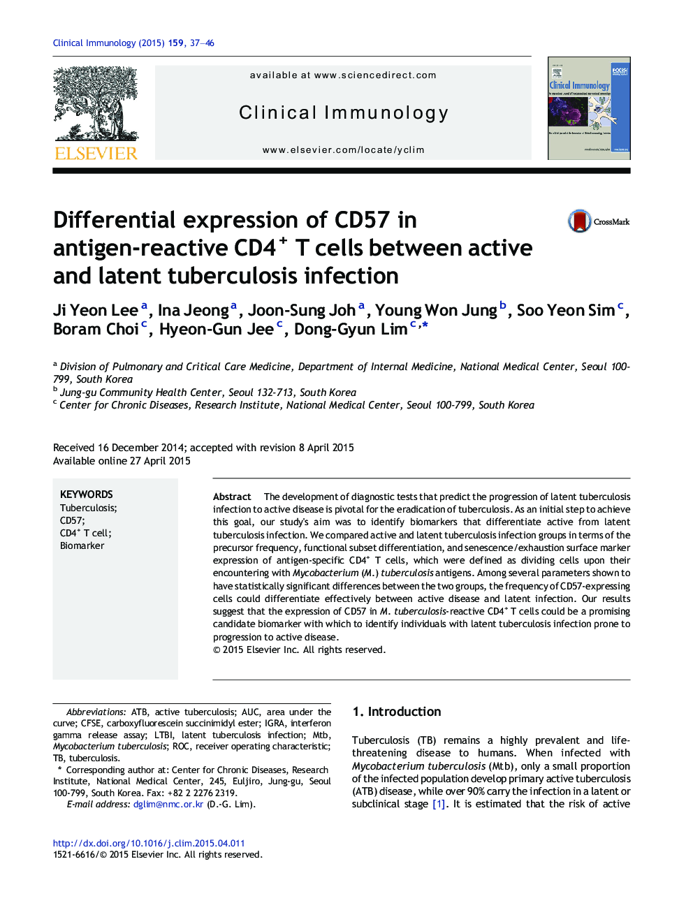 Differential expression of CD57 in antigen-reactive CD4+ T cells between active and latent tuberculosis infection