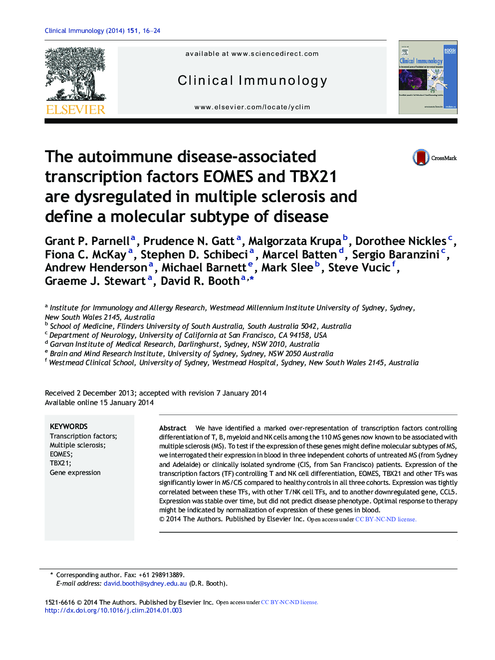 The autoimmune disease-associated transcription factors EOMES and TBX21 are dysregulated in multiple sclerosis and define a molecular subtype of disease