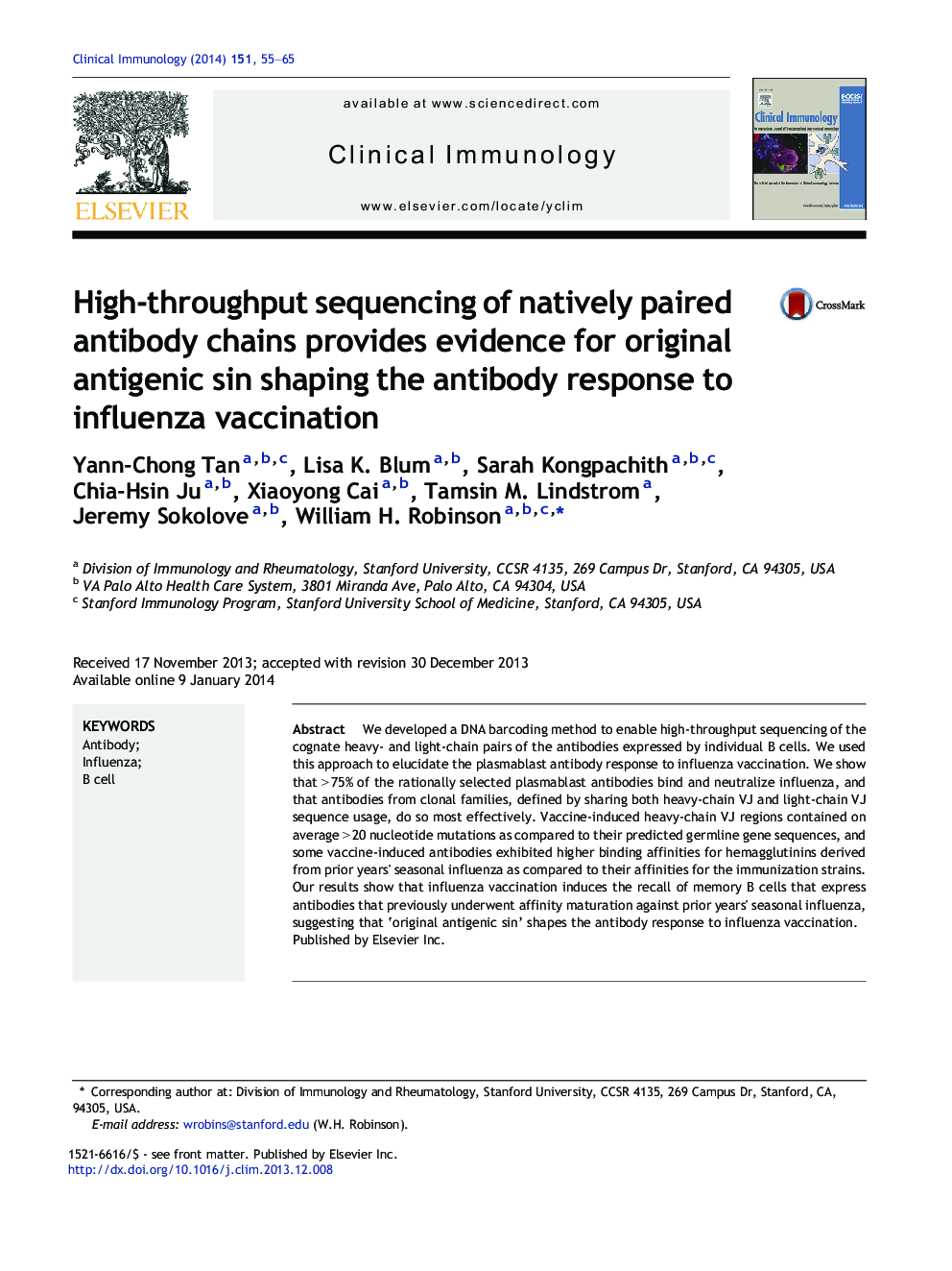 High-throughput sequencing of natively paired antibody chains provides evidence for original antigenic sin shaping the antibody response to influenza vaccination