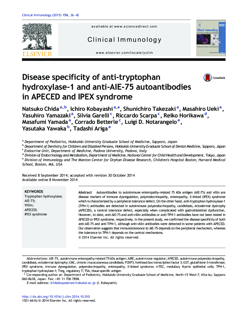 Disease specificity of anti-tryptophan hydroxylase-1 and anti-AIE-75 autoantibodies in APECED and IPEX syndrome