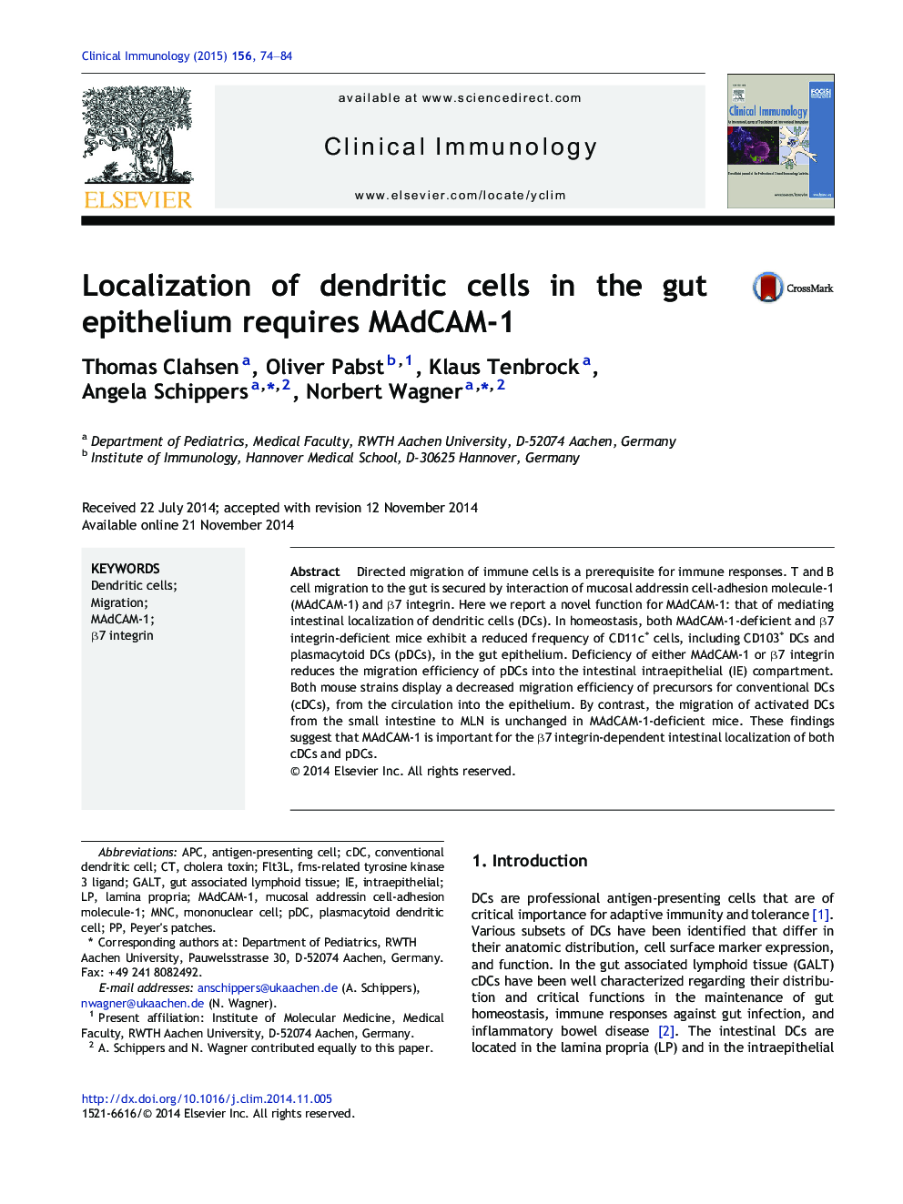 Localization of dendritic cells in the gut epithelium requires MAdCAM-1