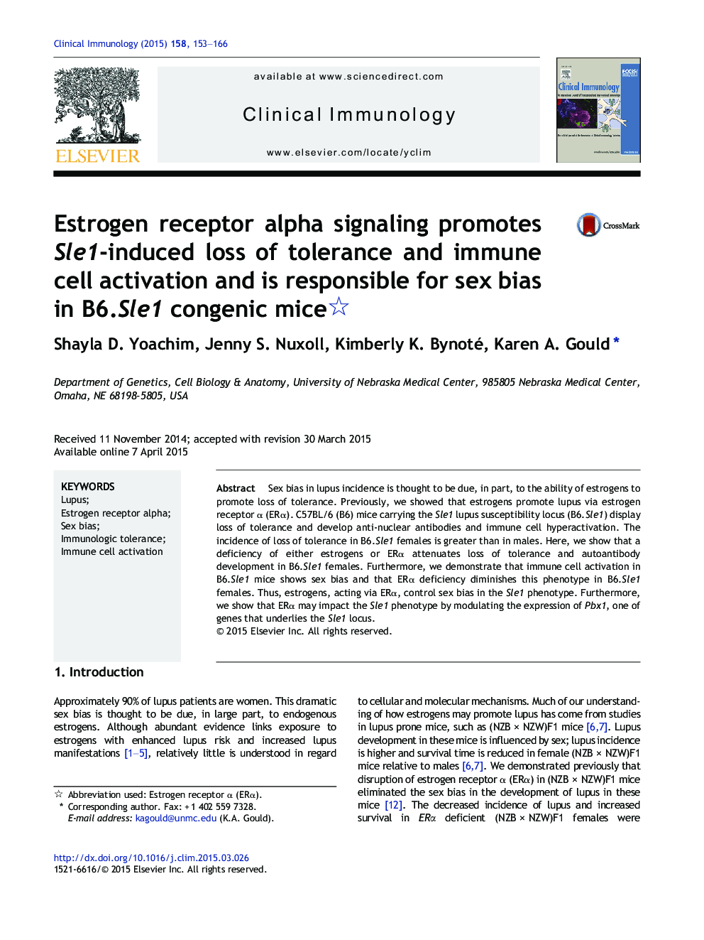 Estrogen receptor alpha signaling promotes Sle1-induced loss of tolerance and immune cell activation and is responsible for sex bias in B6.Sle1 congenic mice