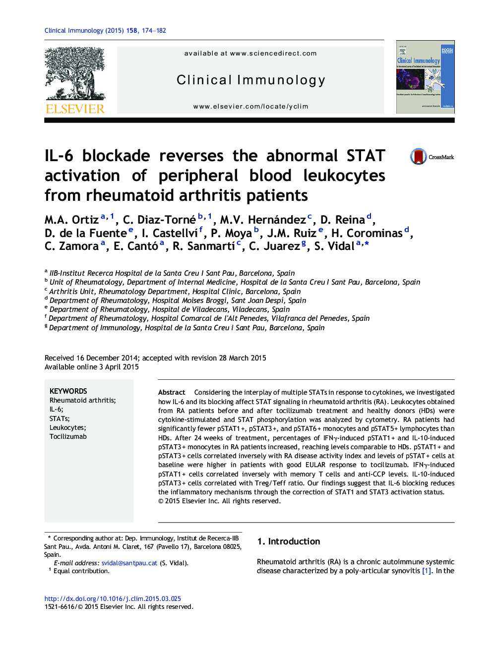 IL-6 blockade reverses the abnormal STAT activation of peripheral blood leukocytes from rheumatoid arthritis patients