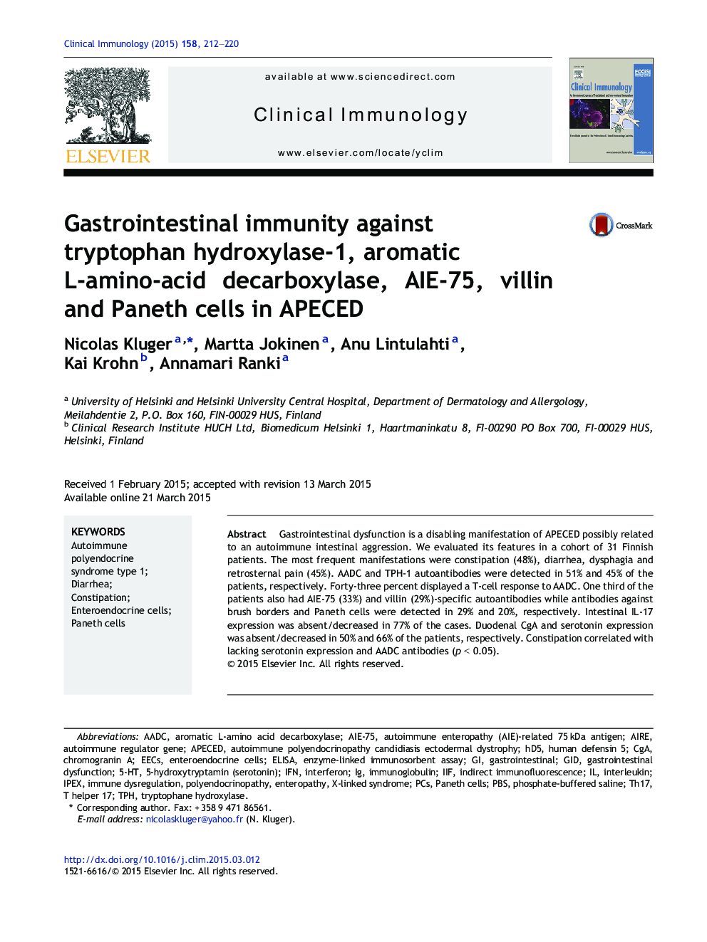 Gastrointestinal immunity against tryptophan hydroxylase-1, aromatic L-amino-acid decarboxylase, AIE-75, villin and Paneth cells in APECED