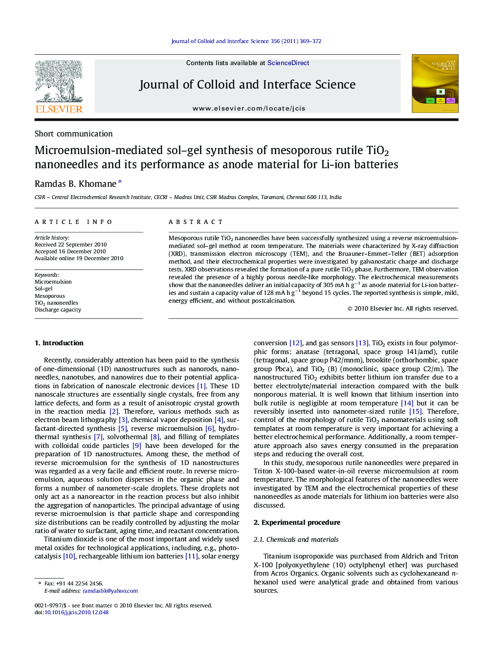 Microemulsion-mediated sol–gel synthesis of mesoporous rutile TiO2 nanoneedles and its performance as anode material for Li-ion batteries