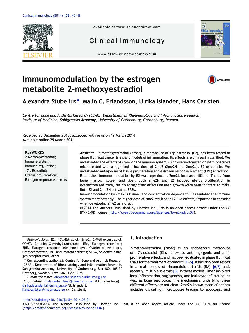Immunomodulation by the estrogen metabolite 2-methoxyestradiol
