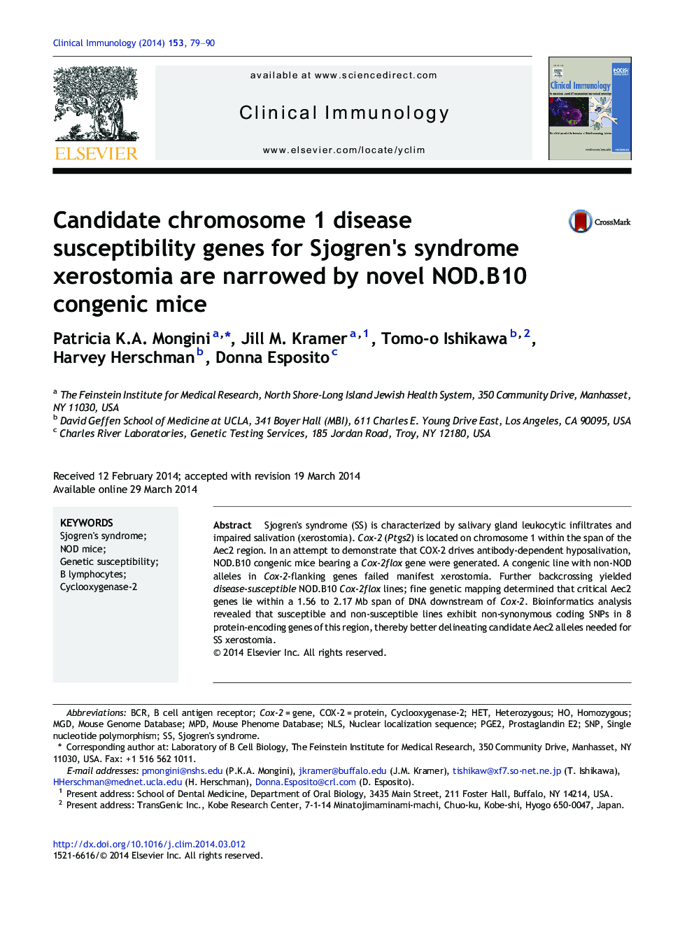 عکس صفحه اول مقاله: Candidate chromosome 1 disease susceptibility genes for Sjogren's syndrome xerostomia are narrowed by novel NOD.B10 congenic mice Candidate chromosome 1 disease susceptibility genes for Sjogren's syndrome xerostomia are narrowed by novel NOD.B10 congenic mice